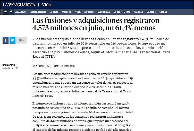 Las fusiones y adquisiciones registraron 4.573 millones en julio, un 61,4% menos